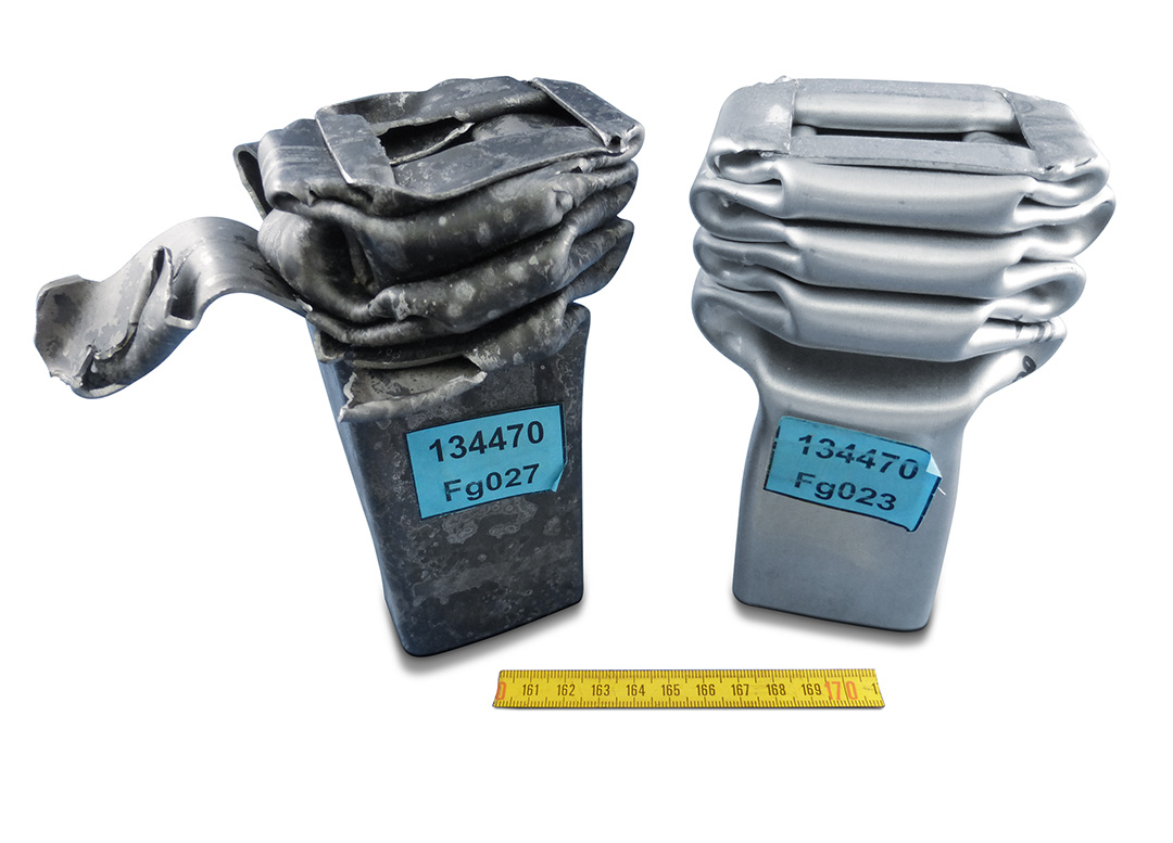 After crash comparison between 22MnB5 (left) and Forta H1000 (right)
