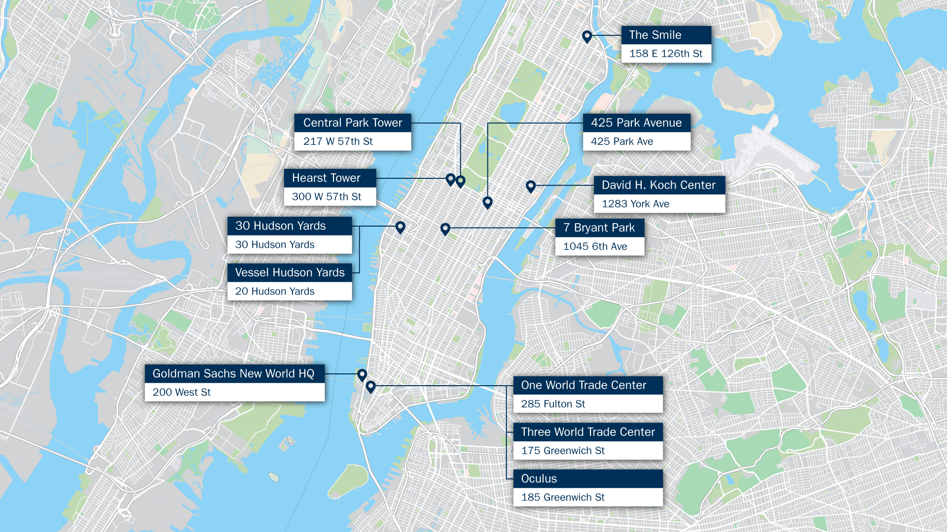 Map of Manhattan with locations of the buildings where Outokumpu stainless steels materials have been used.