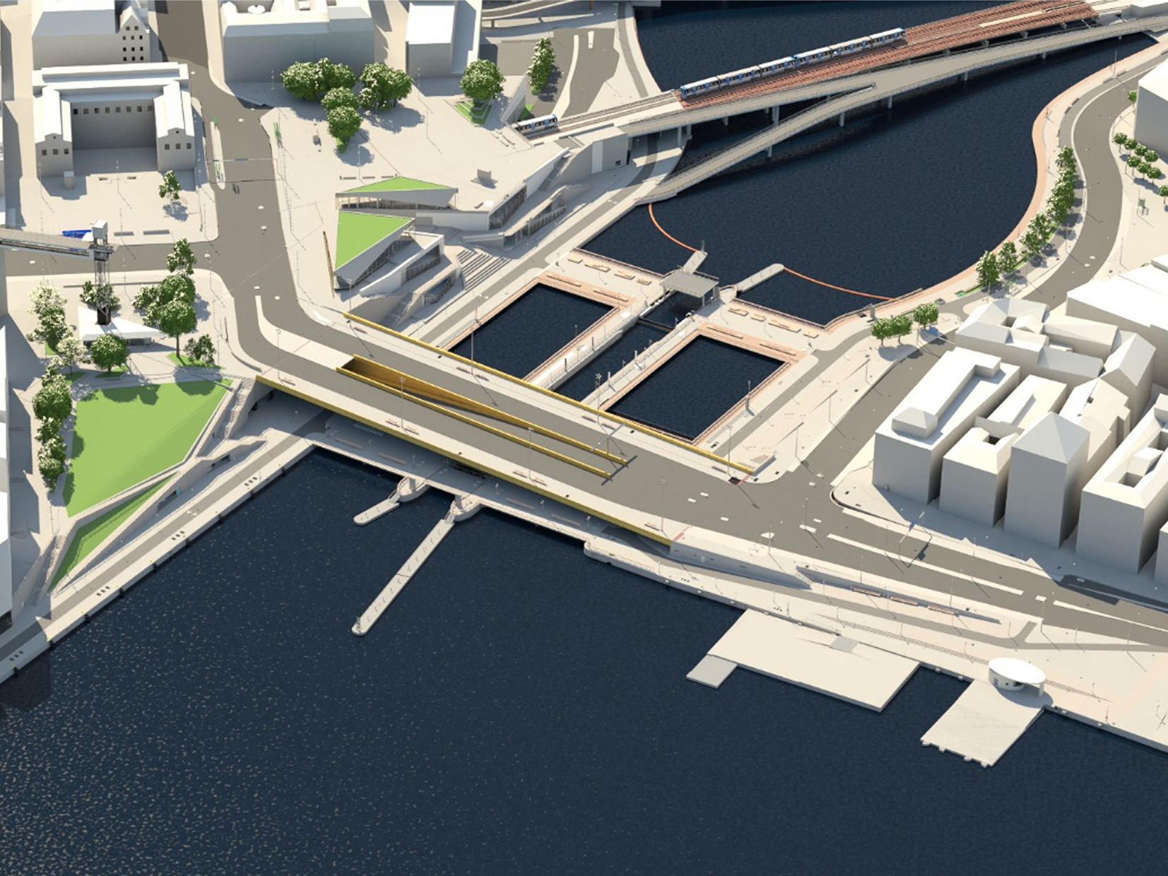 The narrow channel in the middle is the sluice channel. The two larger 