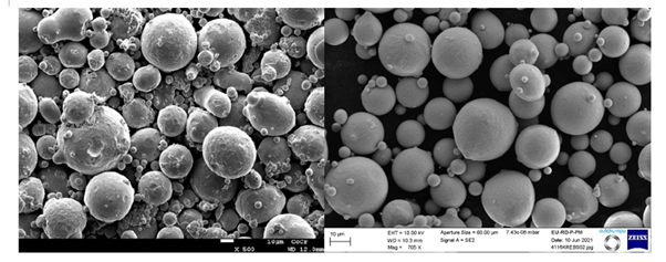 Spherical powder with a high amount of satellites vs Outokumpu’s spherical powder with a small amount of satellites